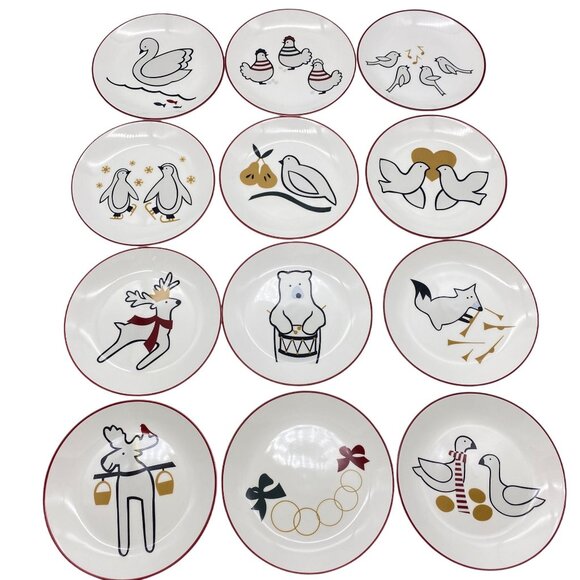 Crate & Barrel Joan Anderson 12 Days of Christmas Appetizer Plates with Stand, S - Picture 1 of 16